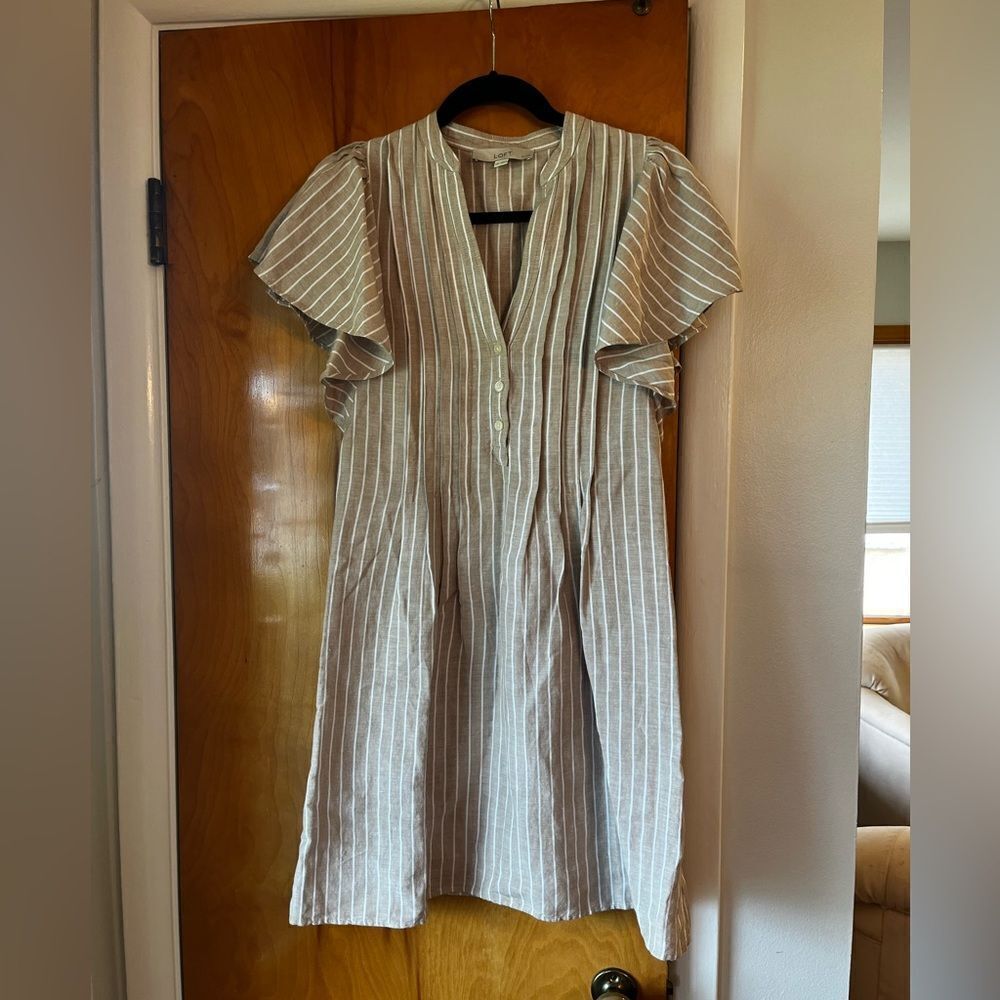 Loft Linen Blend Striped Button Front Dress XXSP